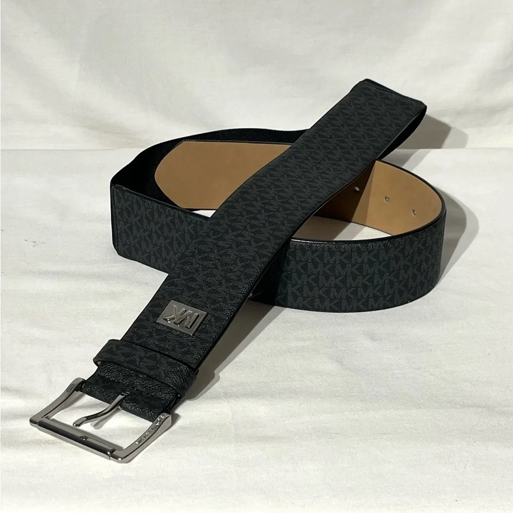 MICHAEL KORS Signature Wide Elastic Belt Black Gray Logo Brand